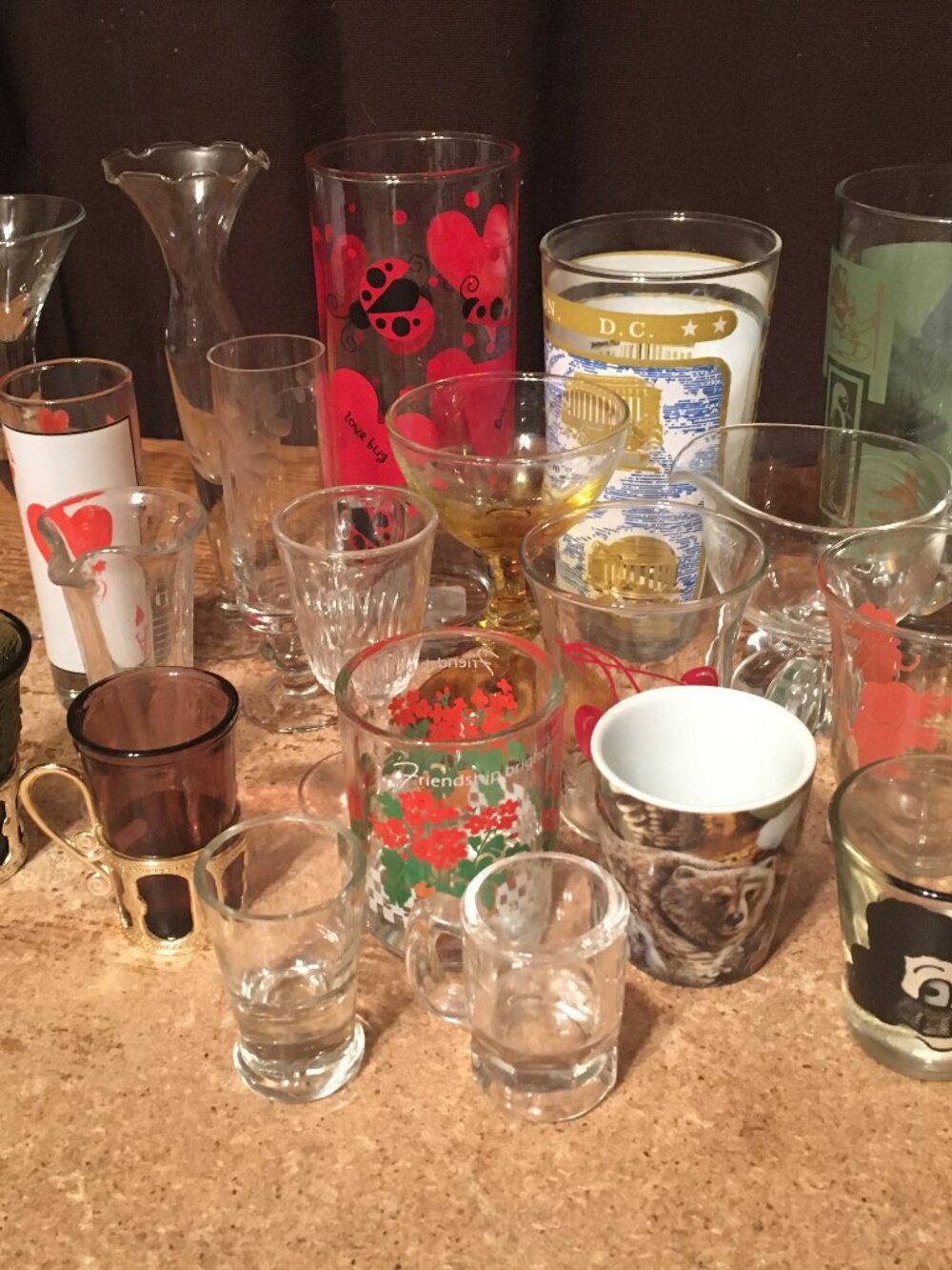 LOT OF 21 SHOT FLUTE DRINKING GLASSES CHERRIES LADYBUG EGYPTIAN HEARTS CARDS